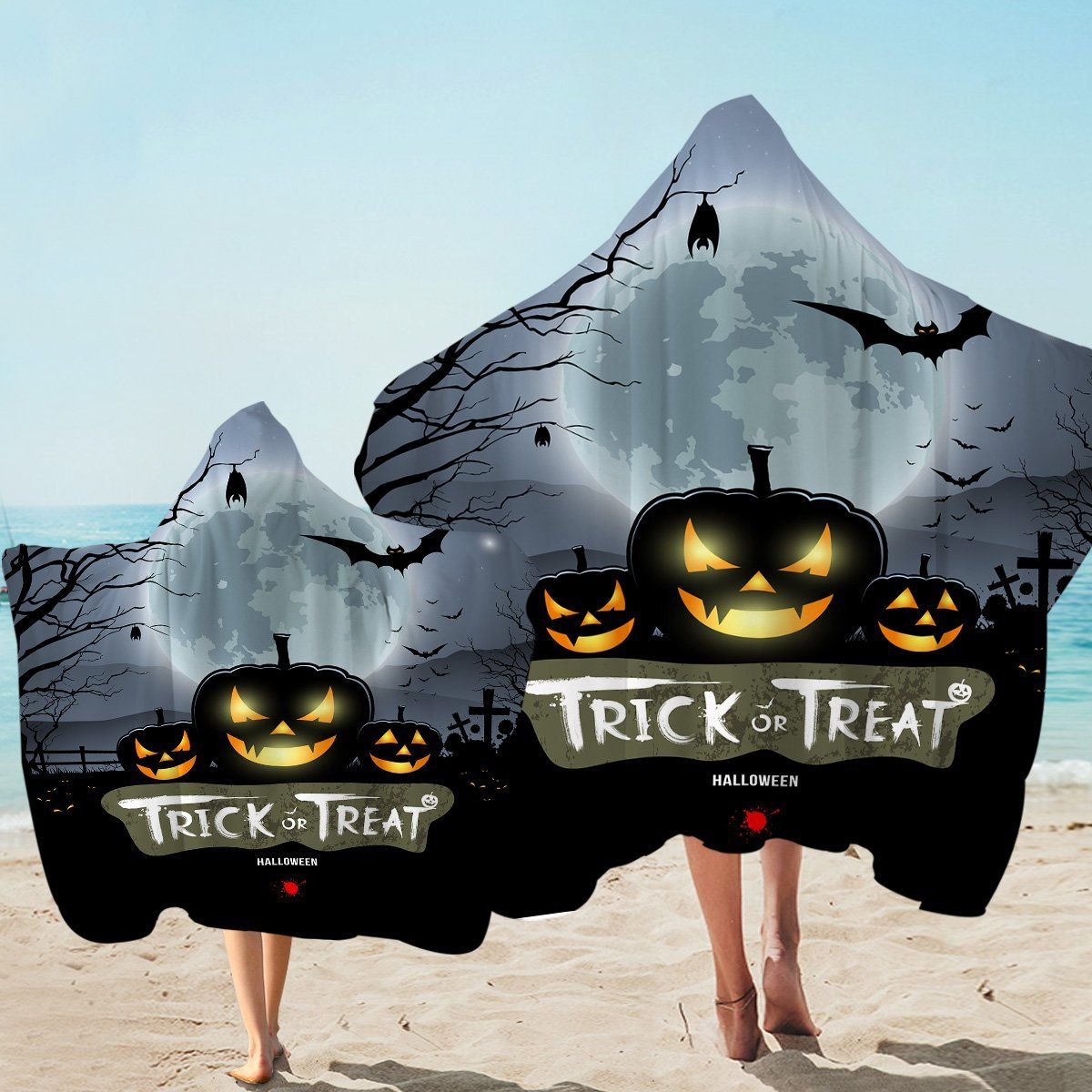 Trick Or Treat Scary Pumpkin Printed Hooded Towel
