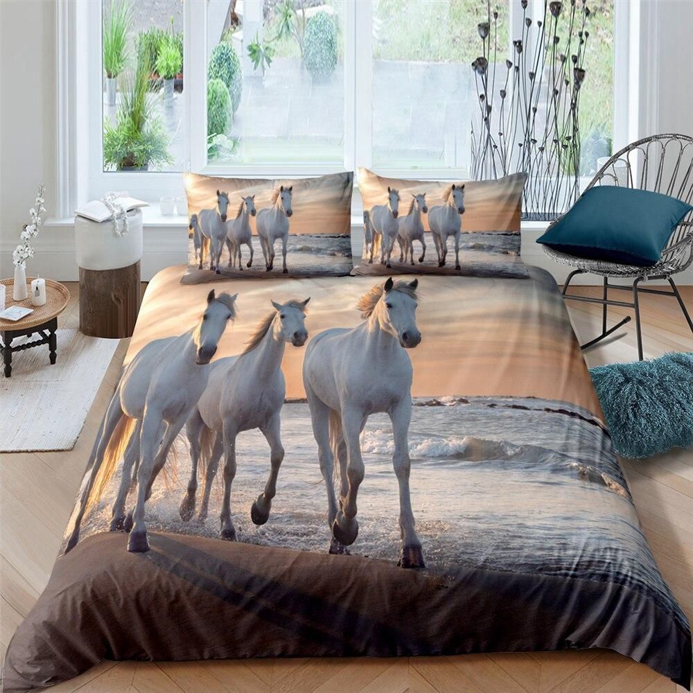 Trio White Horses Bedding Set