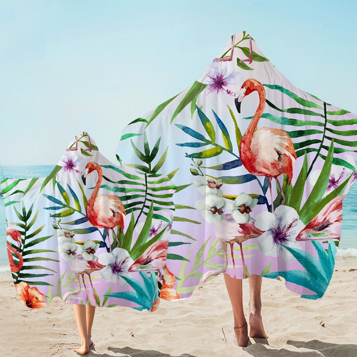 Tropical Bamboo Leaves And Flamingo Printed Hooded Towel