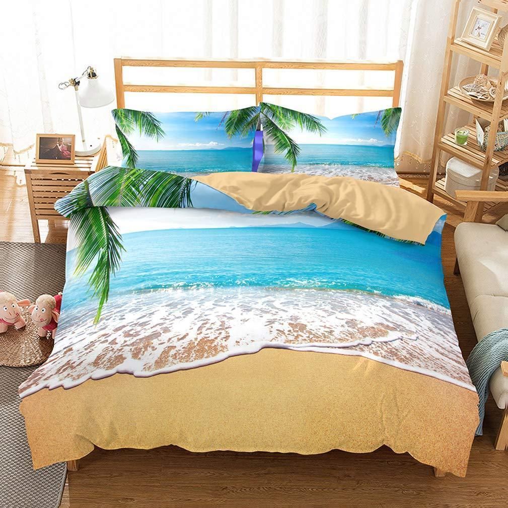 Tropical Beach Island Sea Wave With Palm Tree Sunrise Bedding Set