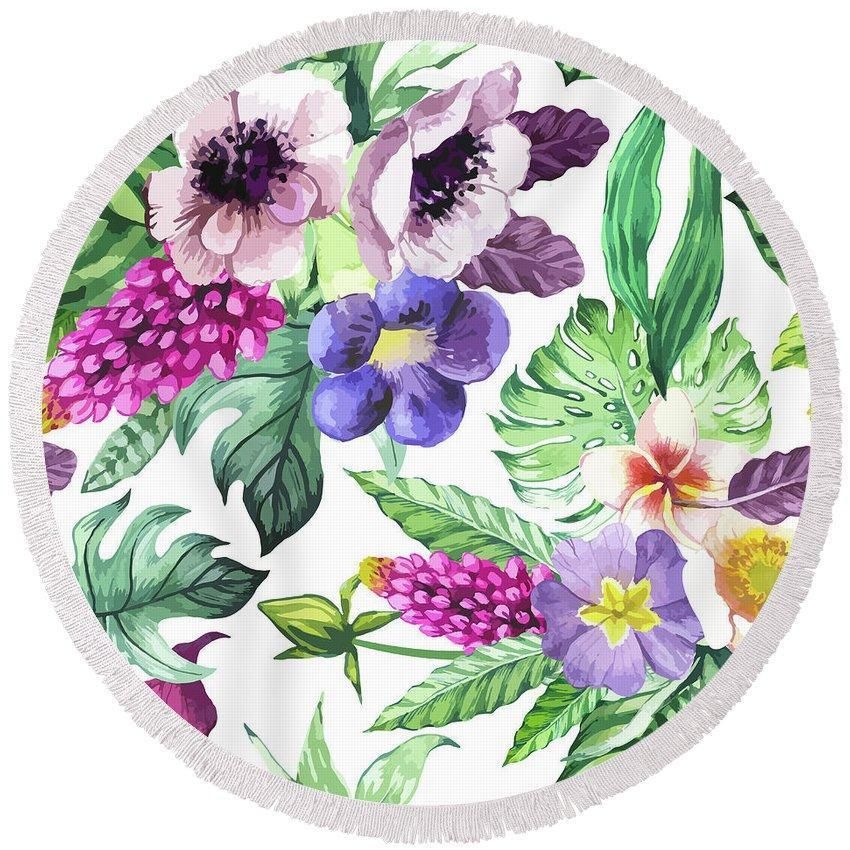 Tropical Blossom And Leaves Printed Round Beach Towel
