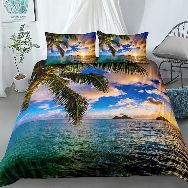 Tropical Coconut Tree Sunset Landscape Bedding Set