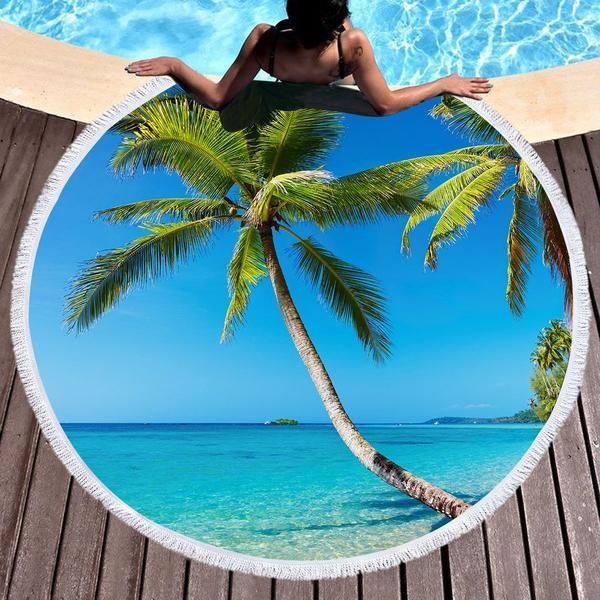 Tropical Escape Blue Sky Printed Round Beach Towel