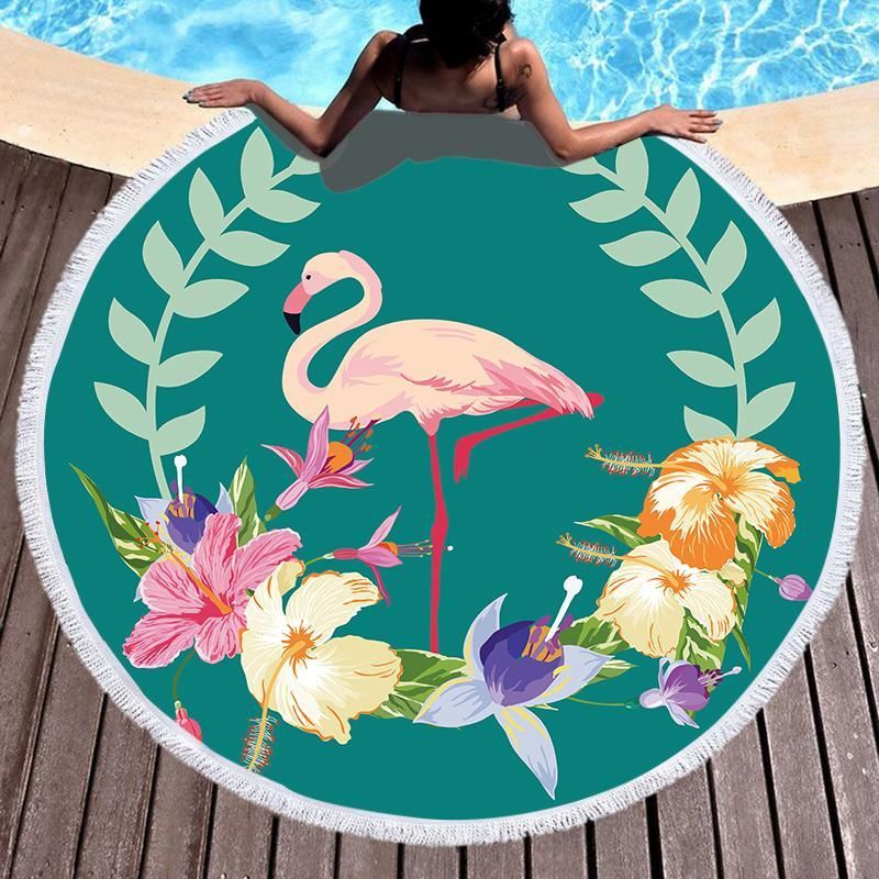 Tropical Famingo And Hibicus Printed Round Beach Towel