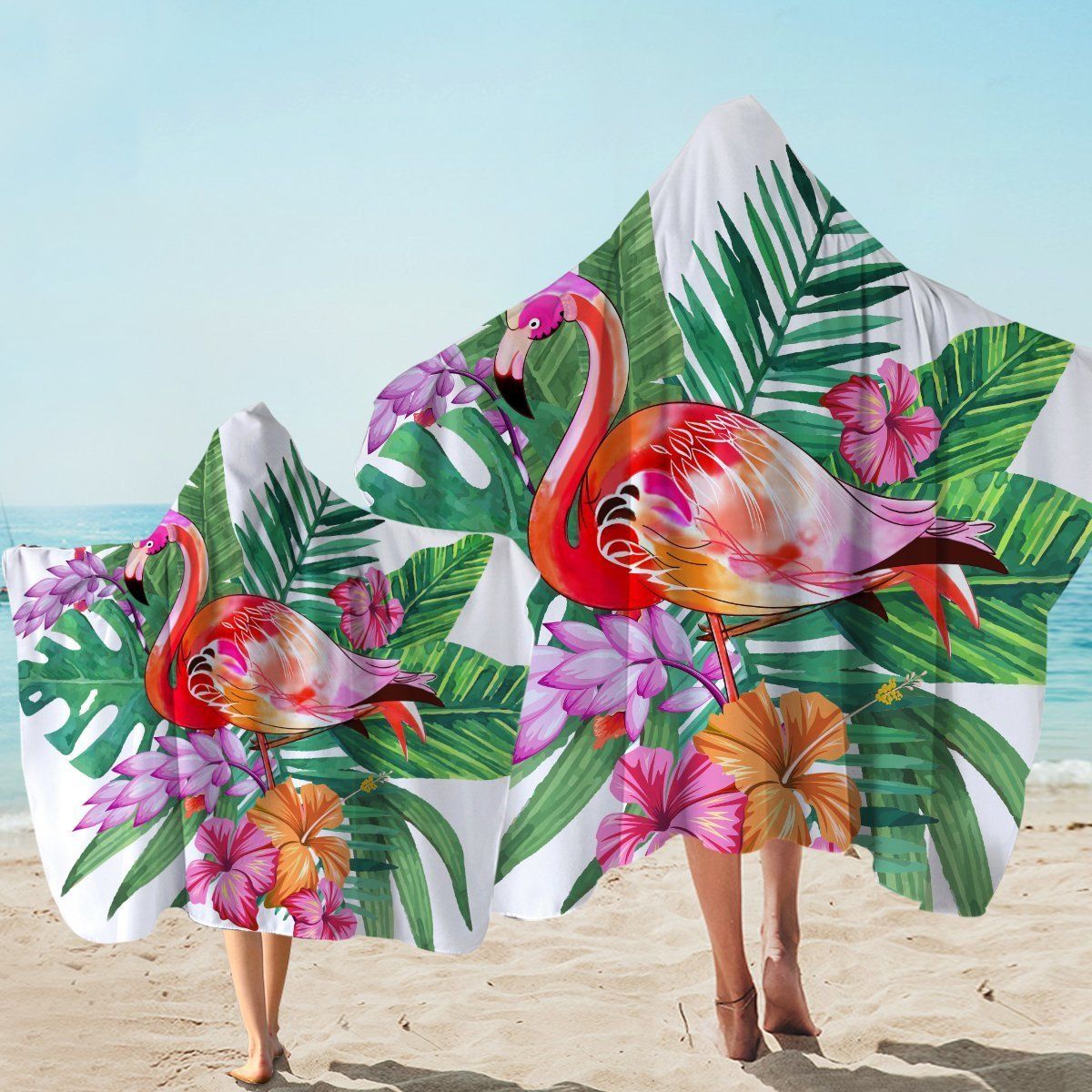 Tropical Flamingo And Hibiscus Printed Hooded Towel