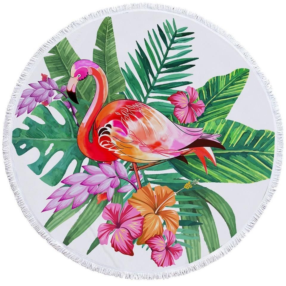 Tropical Flamingo And Leaves Printed Round Beach Towel