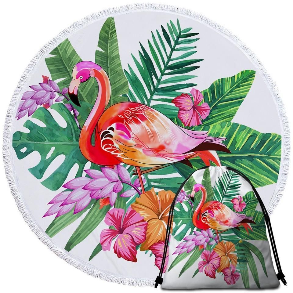 Tropical Flamingo Hibicus Printed Round Beach Towel