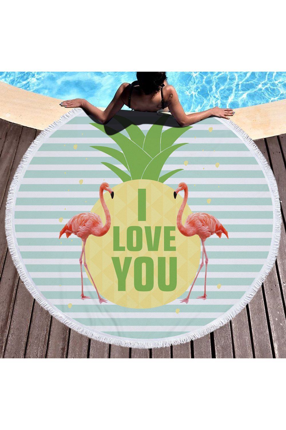 Tropical Flamingo I Love You Printed Round Beach Towel