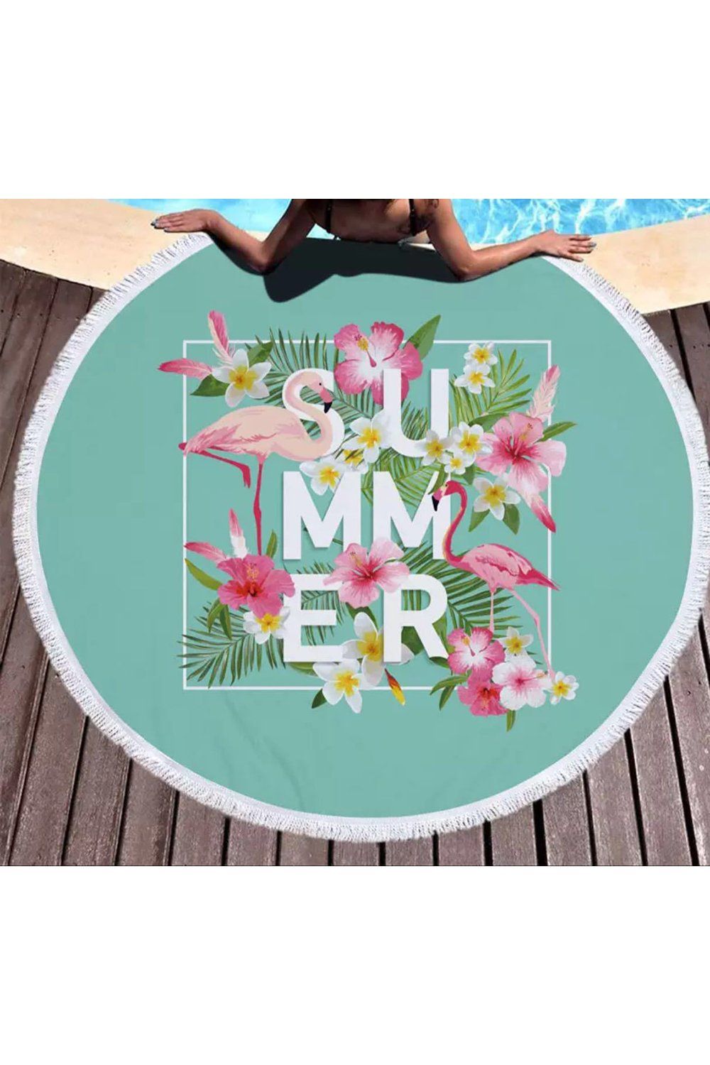 Tropical Flamingo Love Summer Time Printed Round Beach Towel