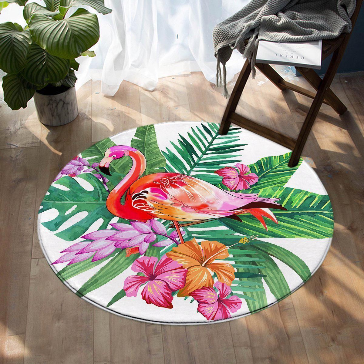 Tropical Flamingo Pink Color Printed Round Beach Towel