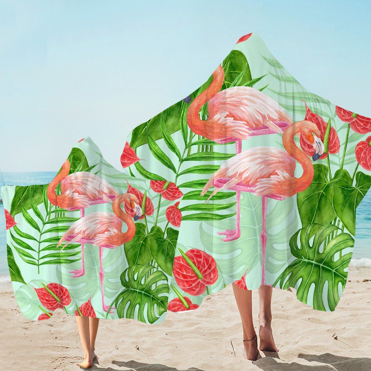 Tropical Flamingos Pattern Printed Hooded Towel