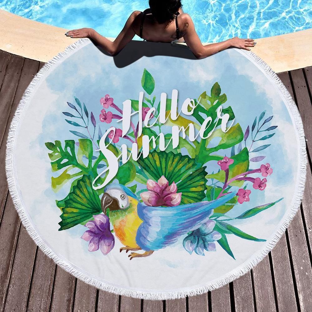 Tropical Floral Birds Hello Summer Printed Round Beach Towel