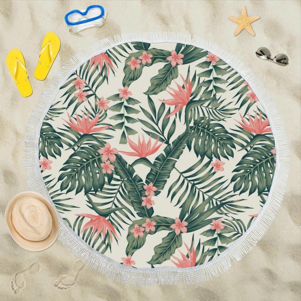 Tropical Flower Palm Leaves Round Beach Towel