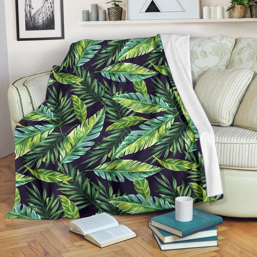 Tropical Flower Pattern Print Design Green Fleece Blanket