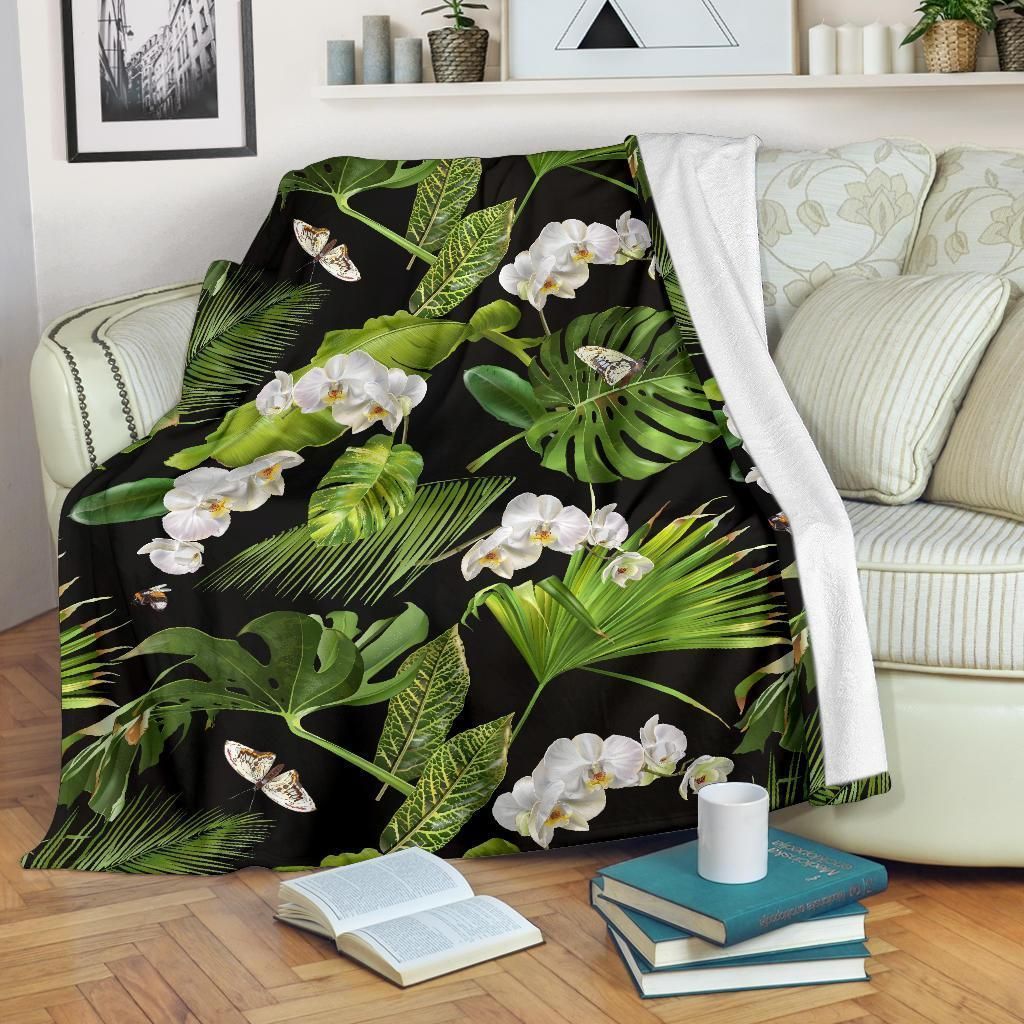 Tropical Flower With Palm Leaves Pattern Printed Fleece Blanket