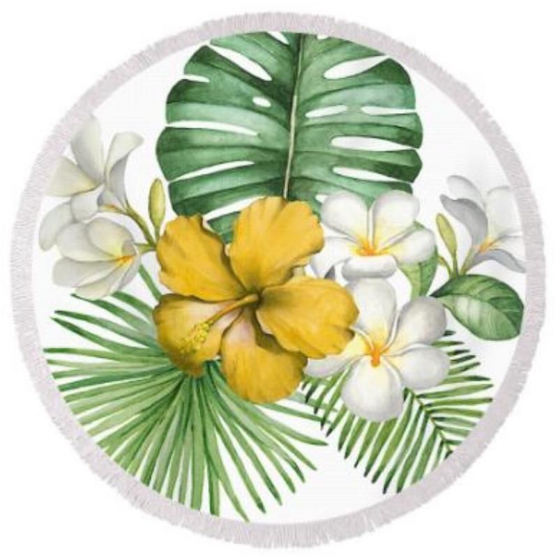 Tropical Flowers And Leaves Printed Round Beach Towel