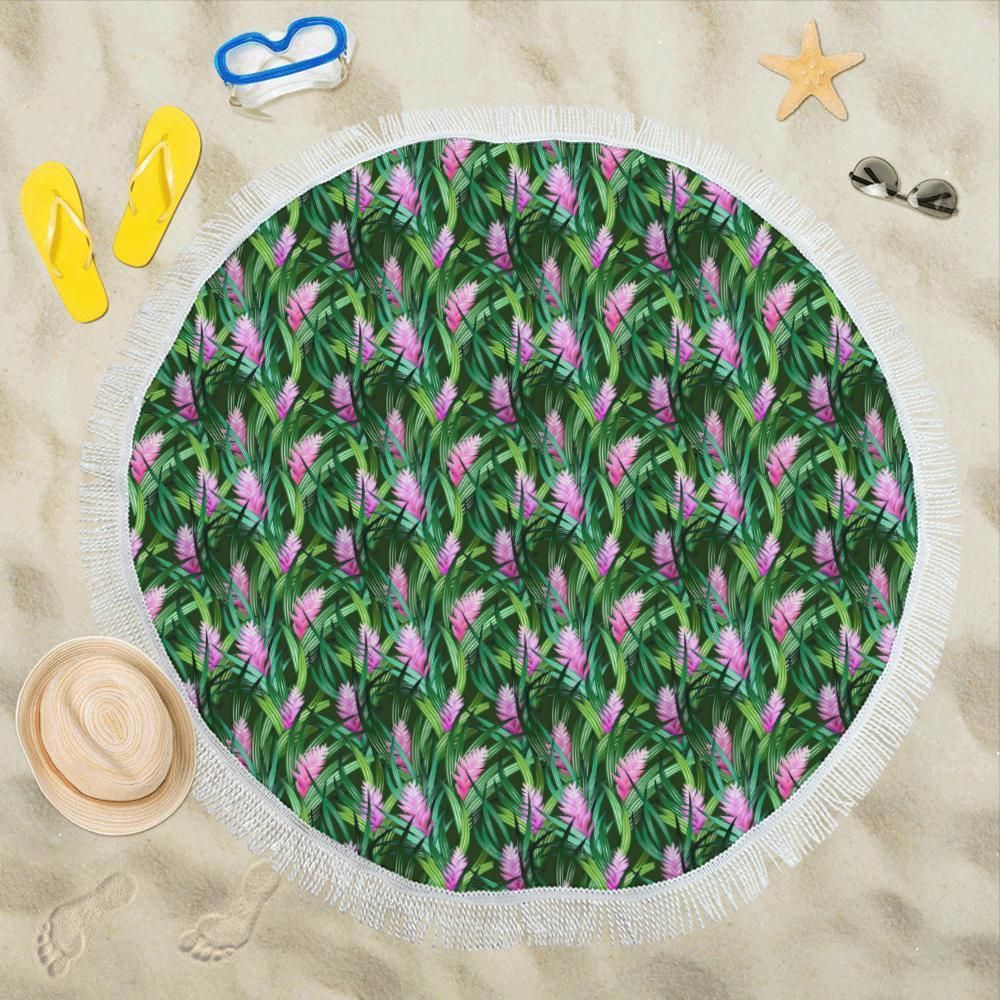 Tropical Folower Pink Heliconia Print Round Beach Towel