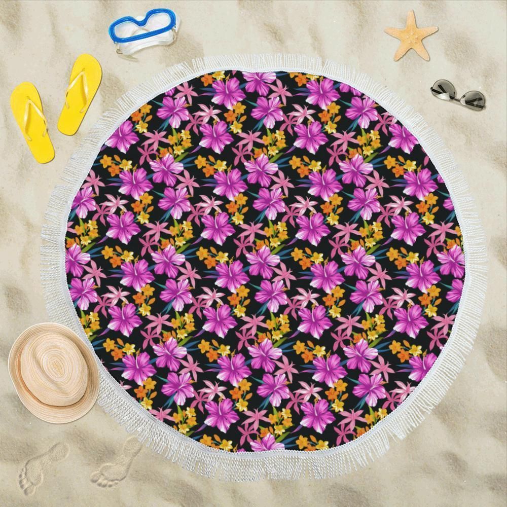 Tropical Folower Pink Hibiscus Print Round Beach Towel