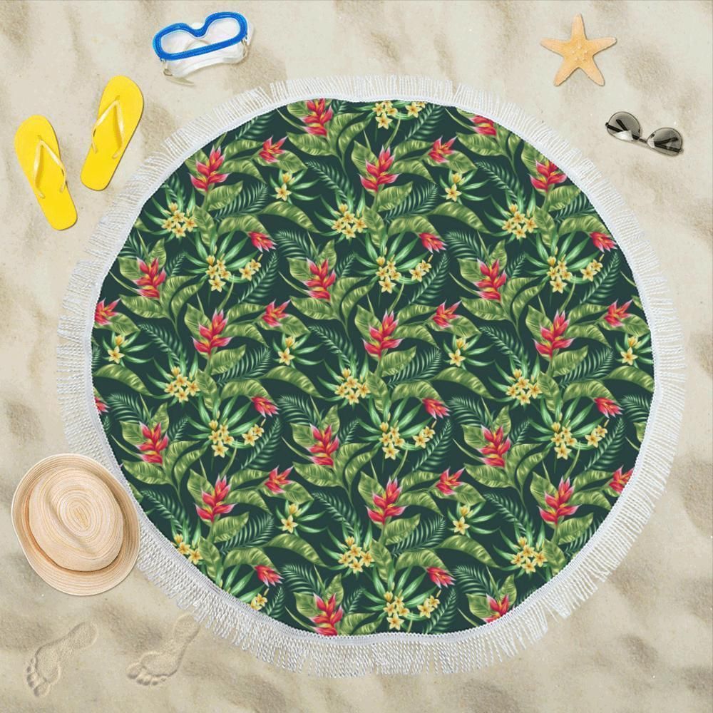 Tropical Folower Red Heliconia Pattern Printed Round Beach Towel