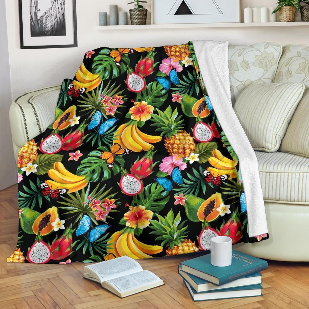 Tropical Fruits And Floral Pattern Print Design Fleece Blanket