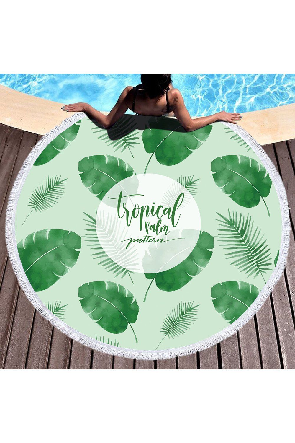 Tropical Green Leaves Pattern Printed Round Beach Towel