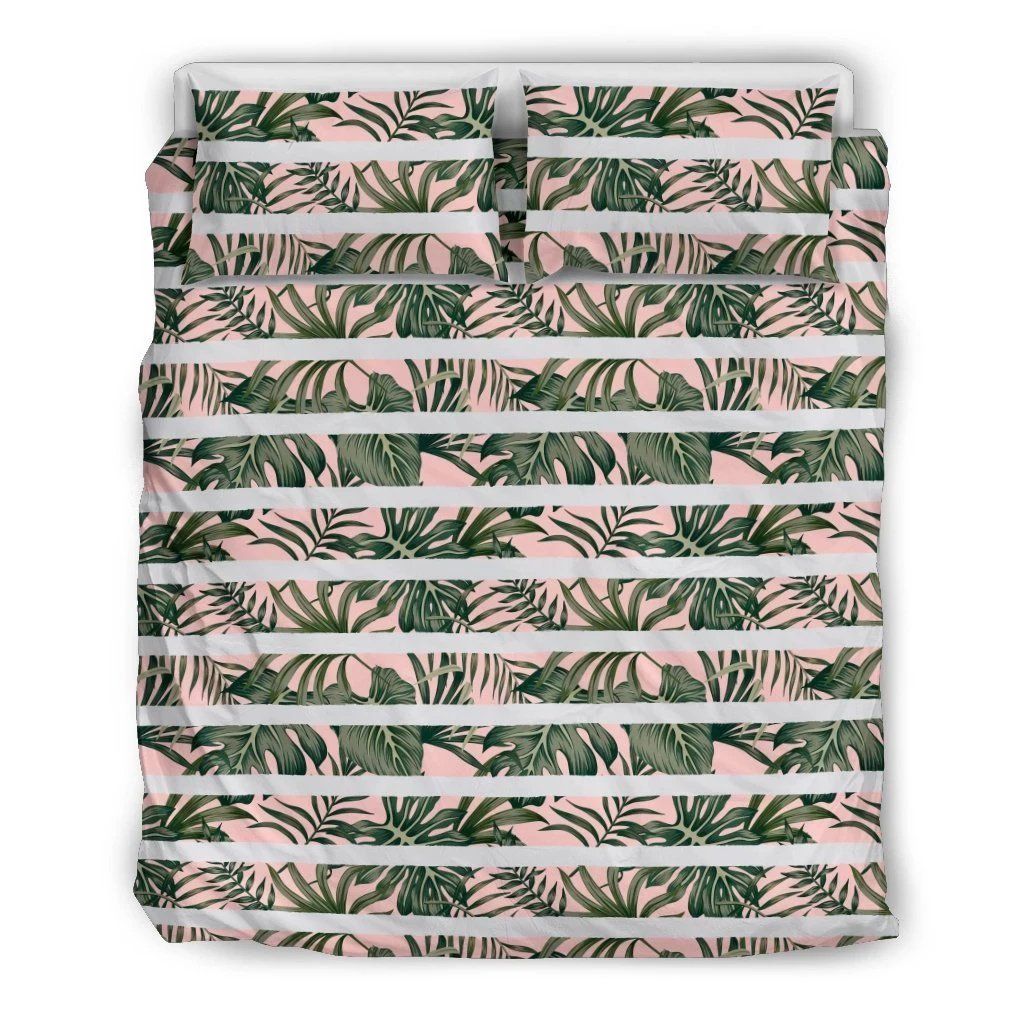 Tropical Green Leaves Seamless White Stripes Pink Bedding Set
