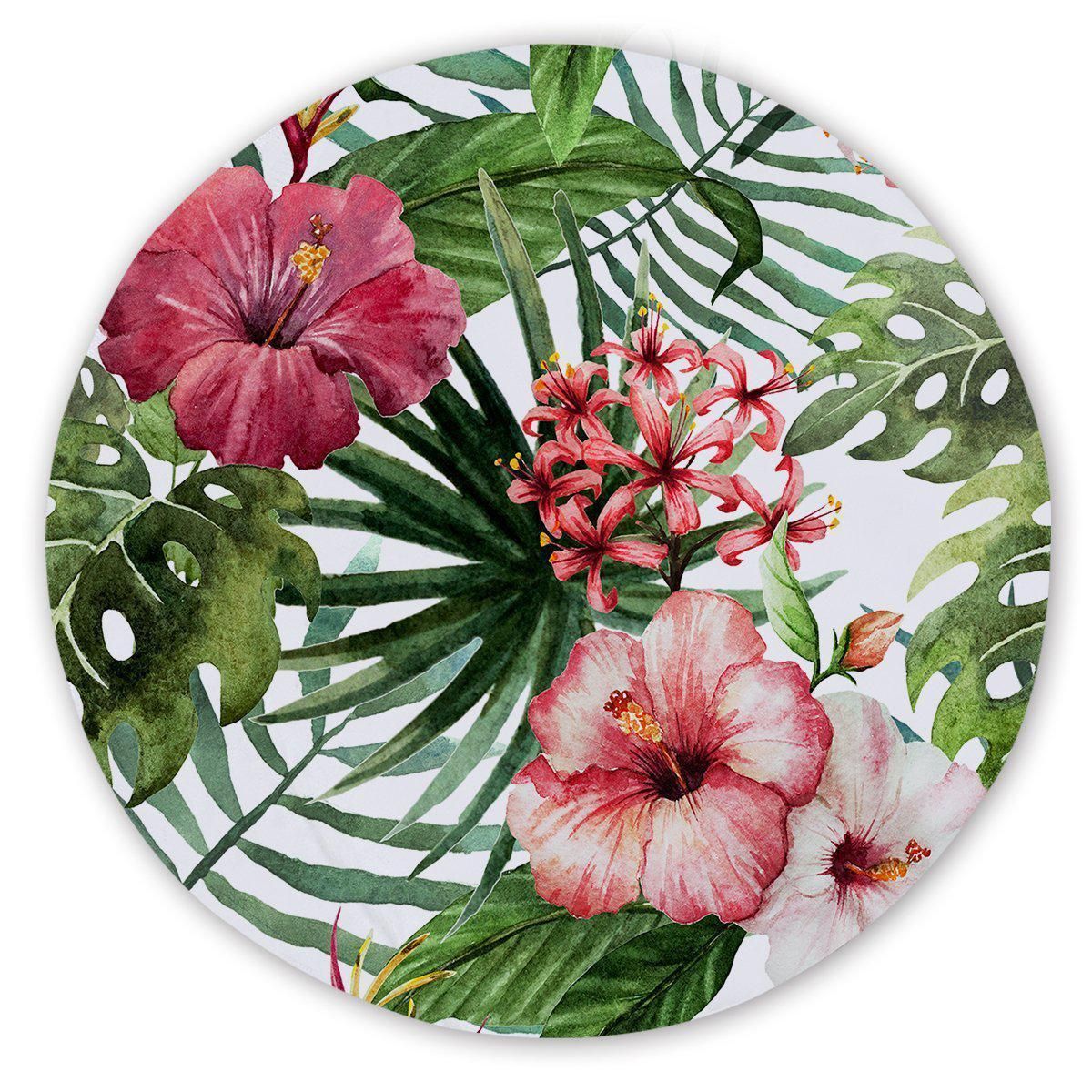 Tropical Hibiscus And Leaves Printed Round Beach Towel