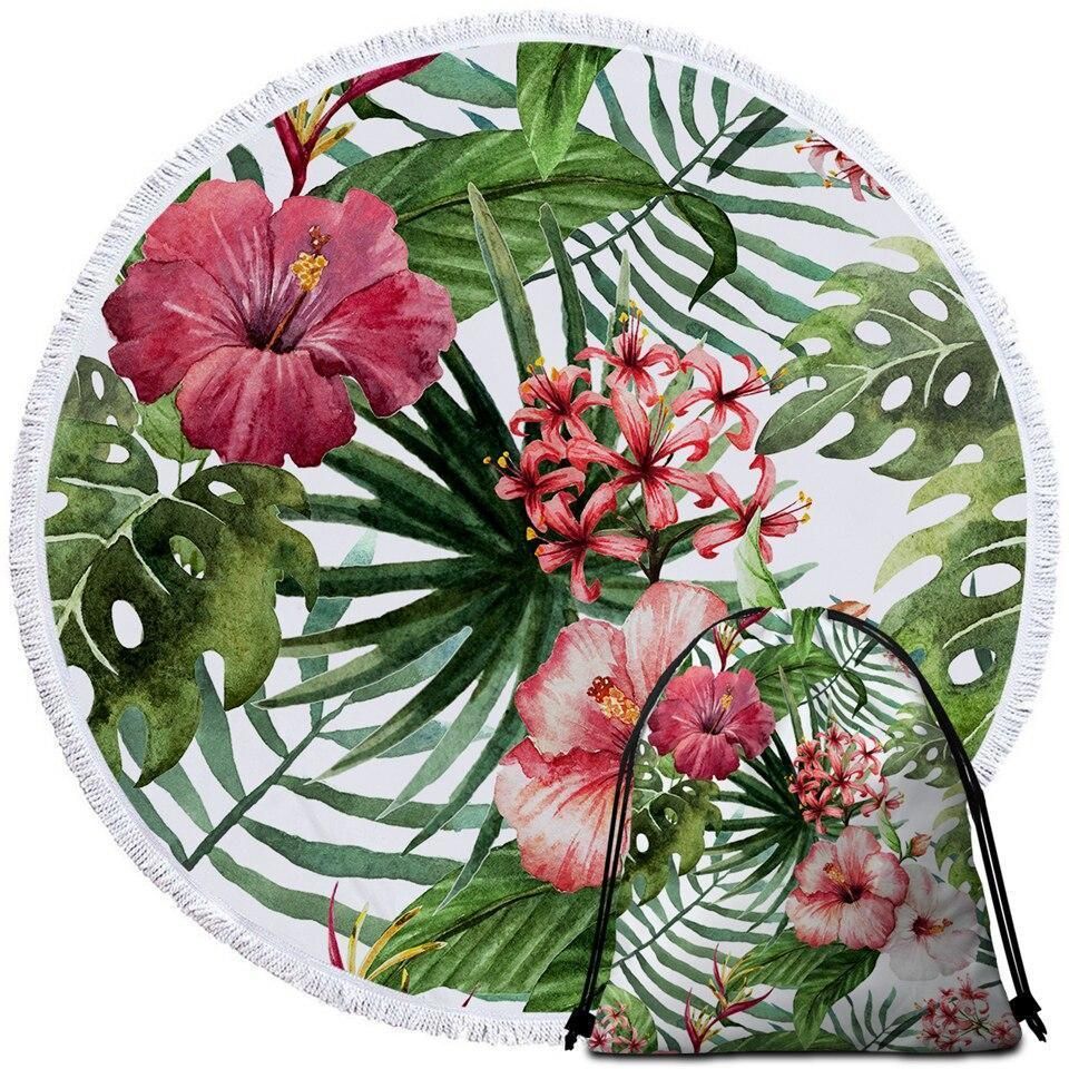 Tropical Hibiscus Flower Printed Round Beach Towel
