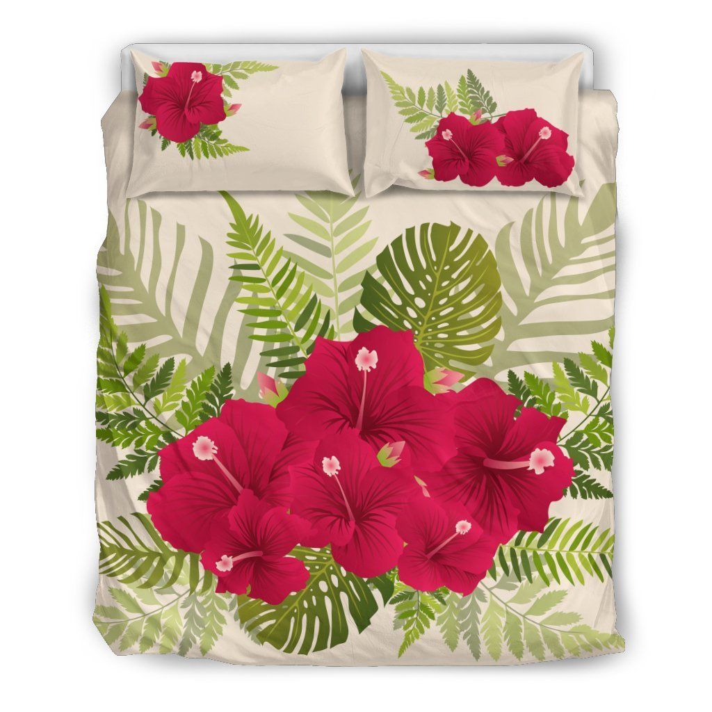 Tropical Leaf Hibiscus White Bedding Set