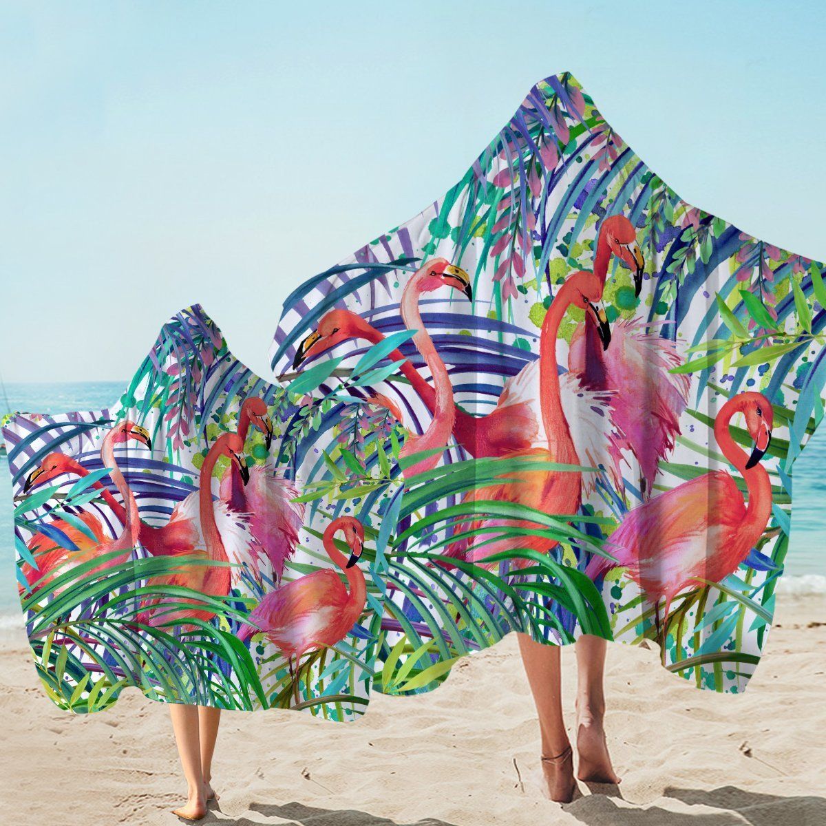 Tropical Leaves And Flamingo Passion Printed Hooded Towel