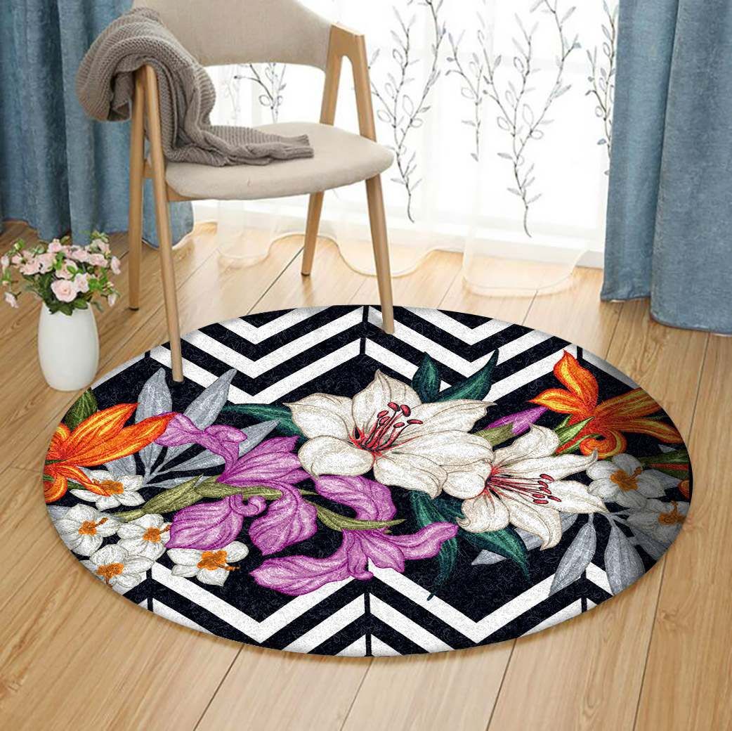 Tropical Leaves And Flowers Round Carpet