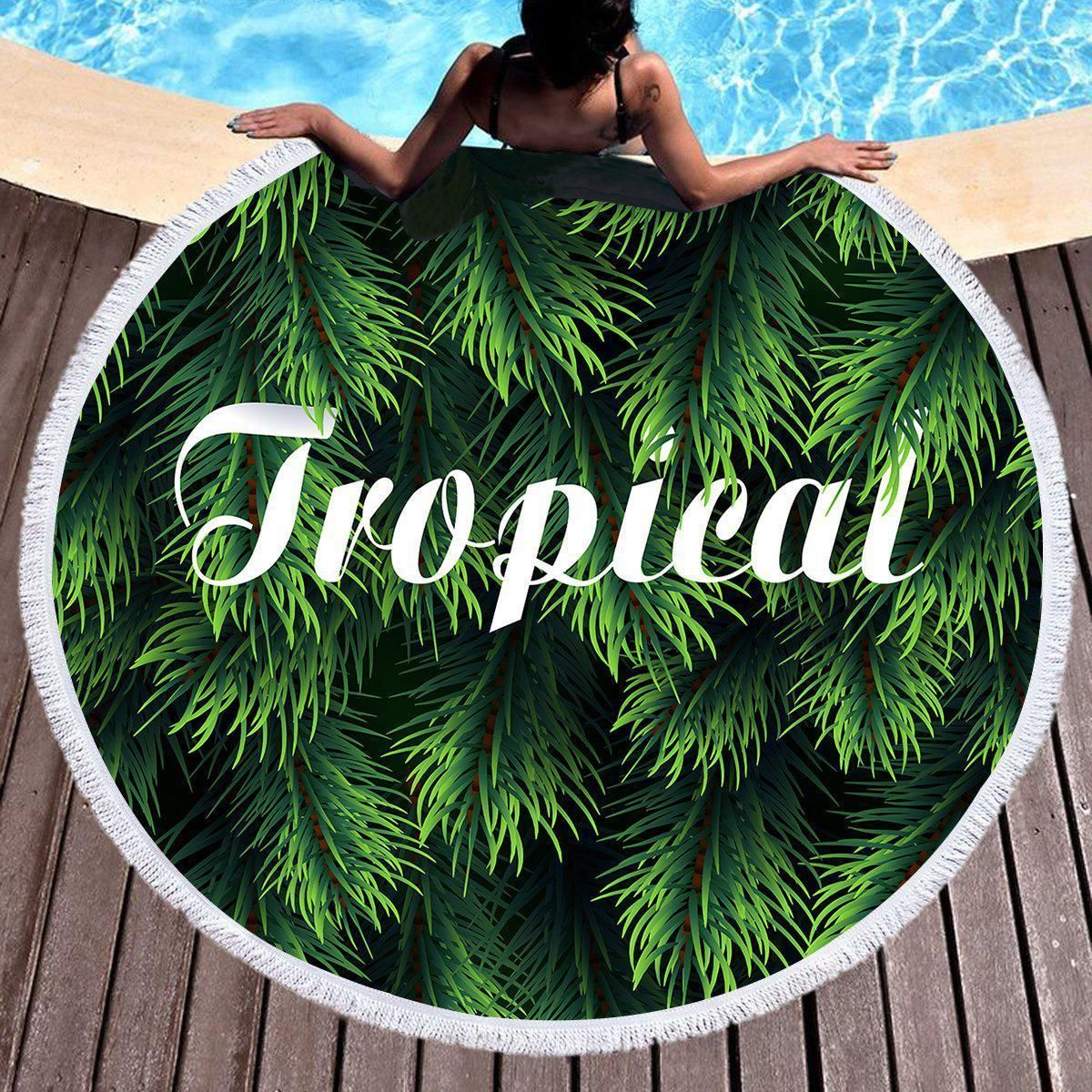 Tropical Leaves Hello Summer Printed Round Beach Towel