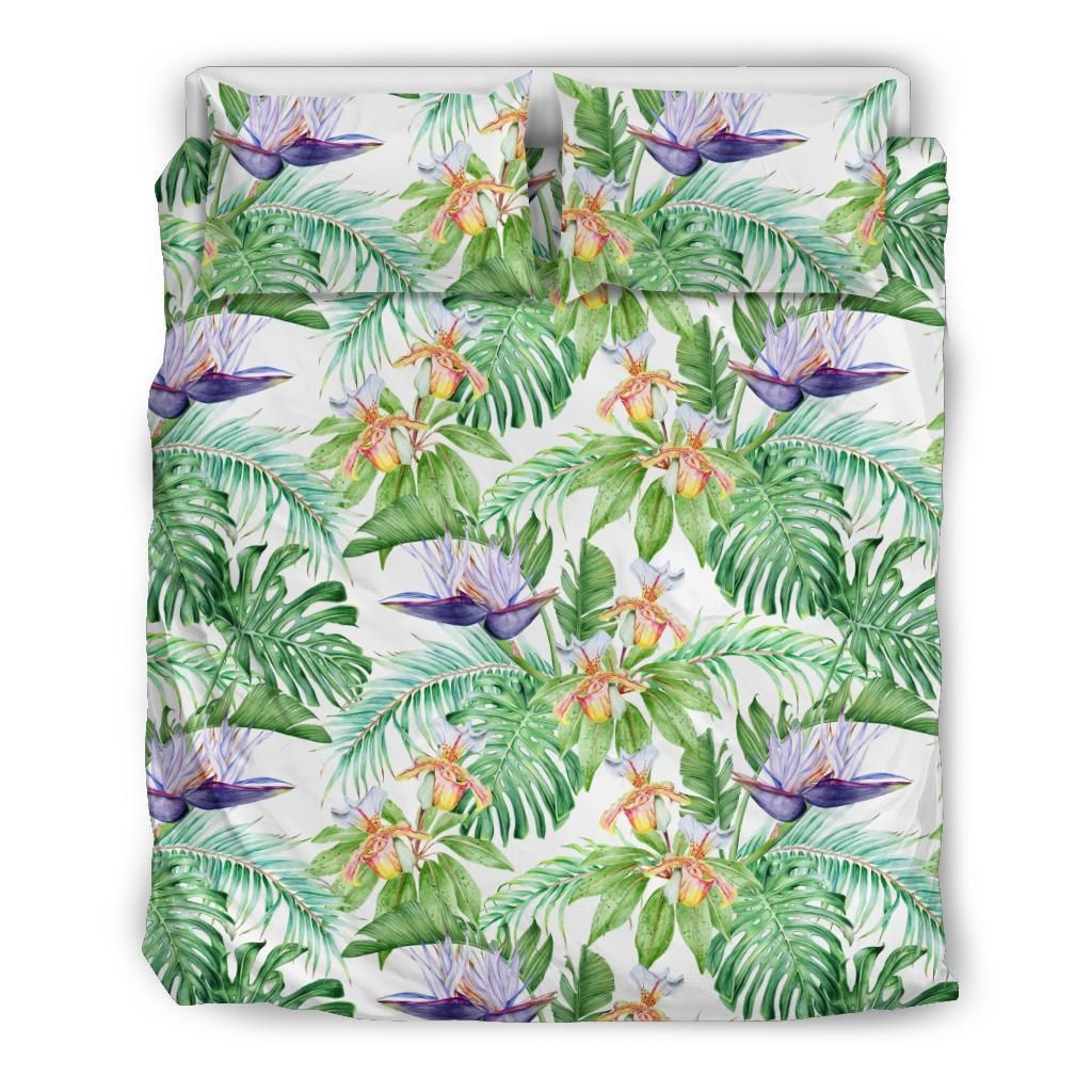 Tropical Orange Orchids Strelitzia Monstera Pattern Bedding Set