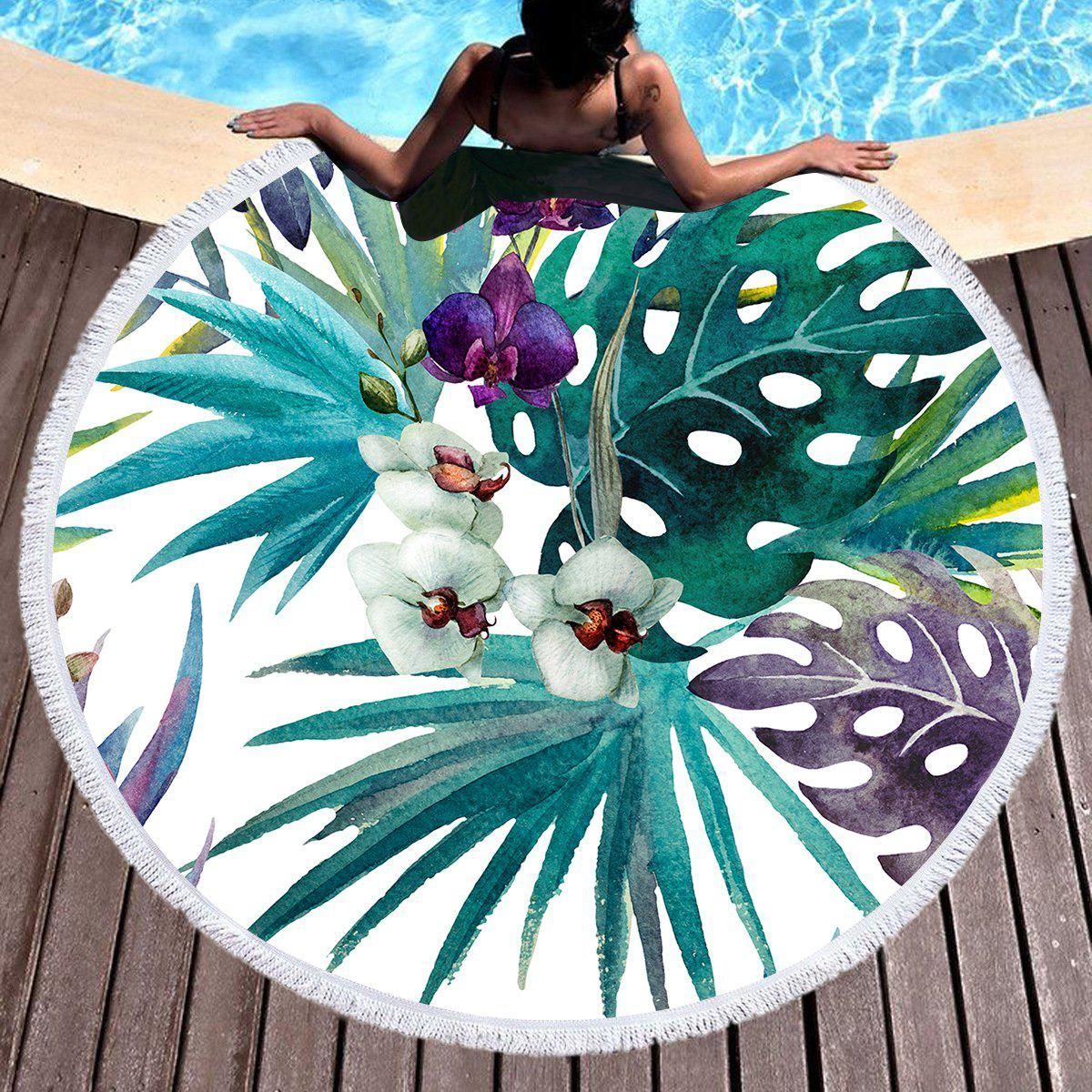 Tropical Orchids On White Printed Round Beach Towel