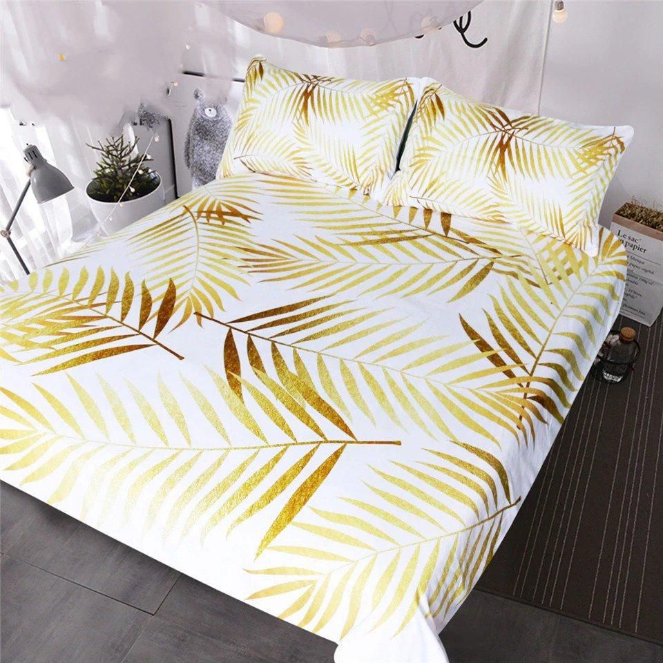 Tropical Palm Leaf Floral Botanic Gold White Coastal Life Bedding Set