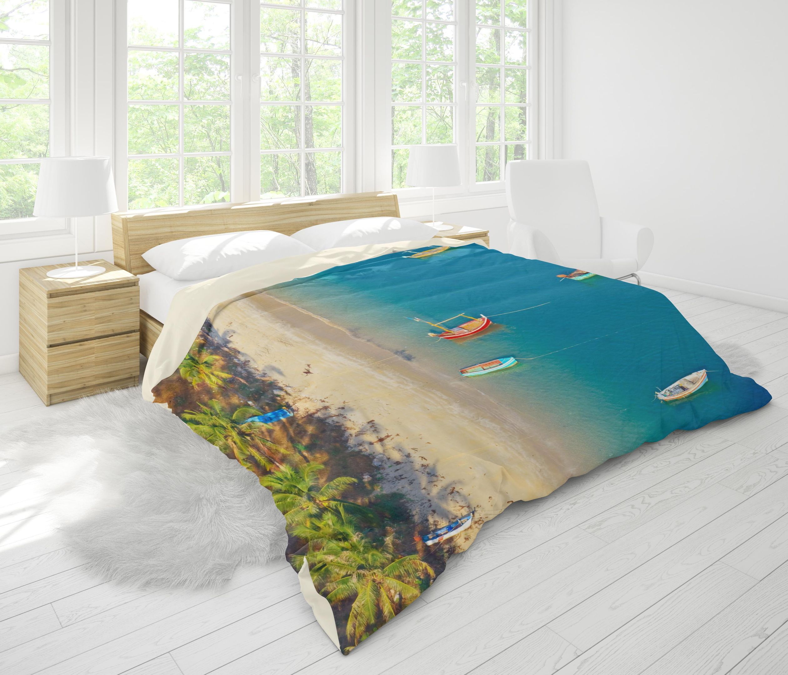 Tropical Palm Tree Sea Beach Boat Bedding Set