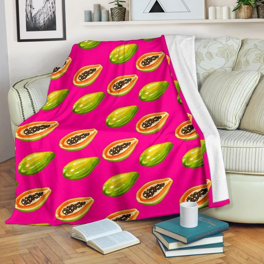 Tropical Papaya Pattern In Pink Background Fleece Blanket
