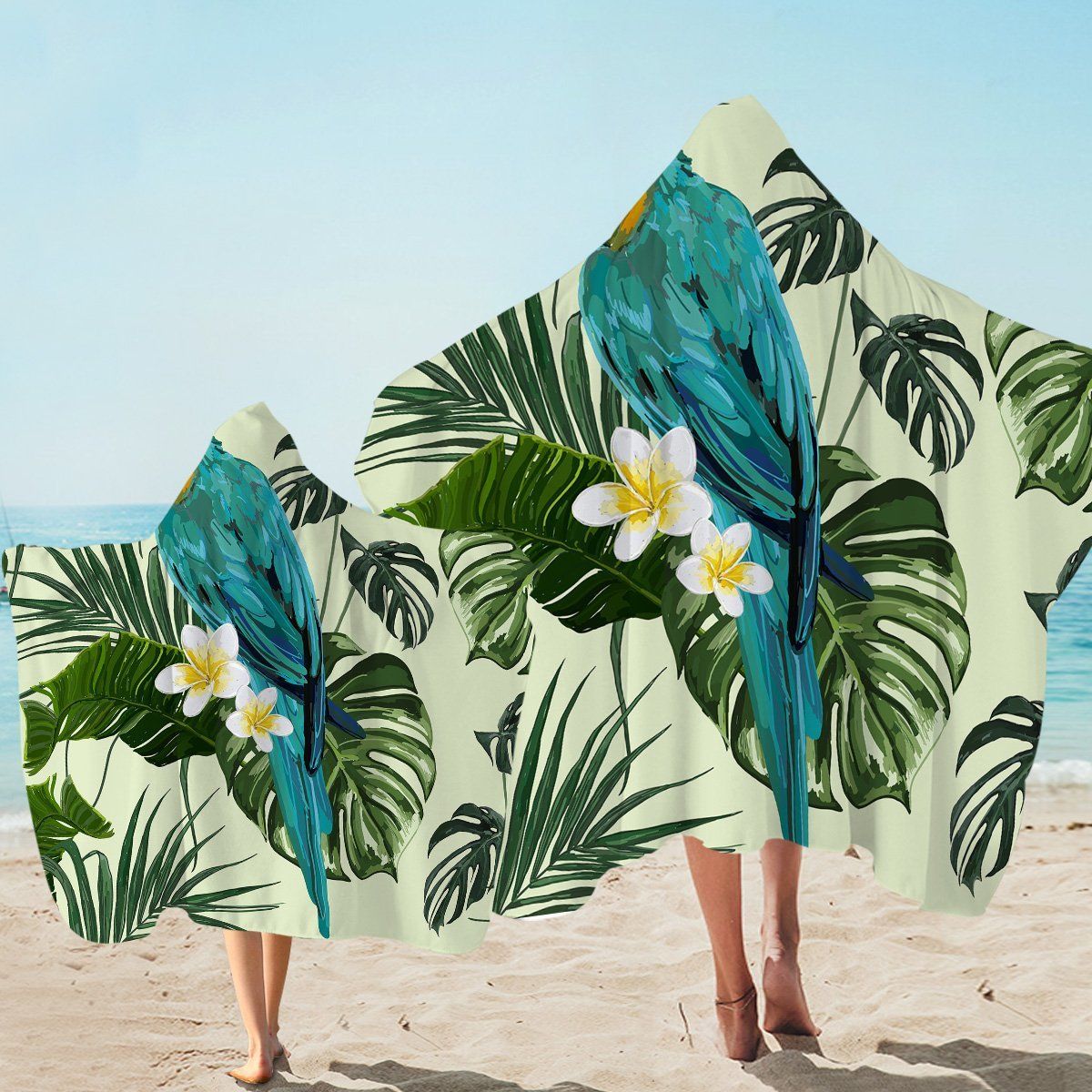Tropical Parrot Light Green Printed Hooded Towel