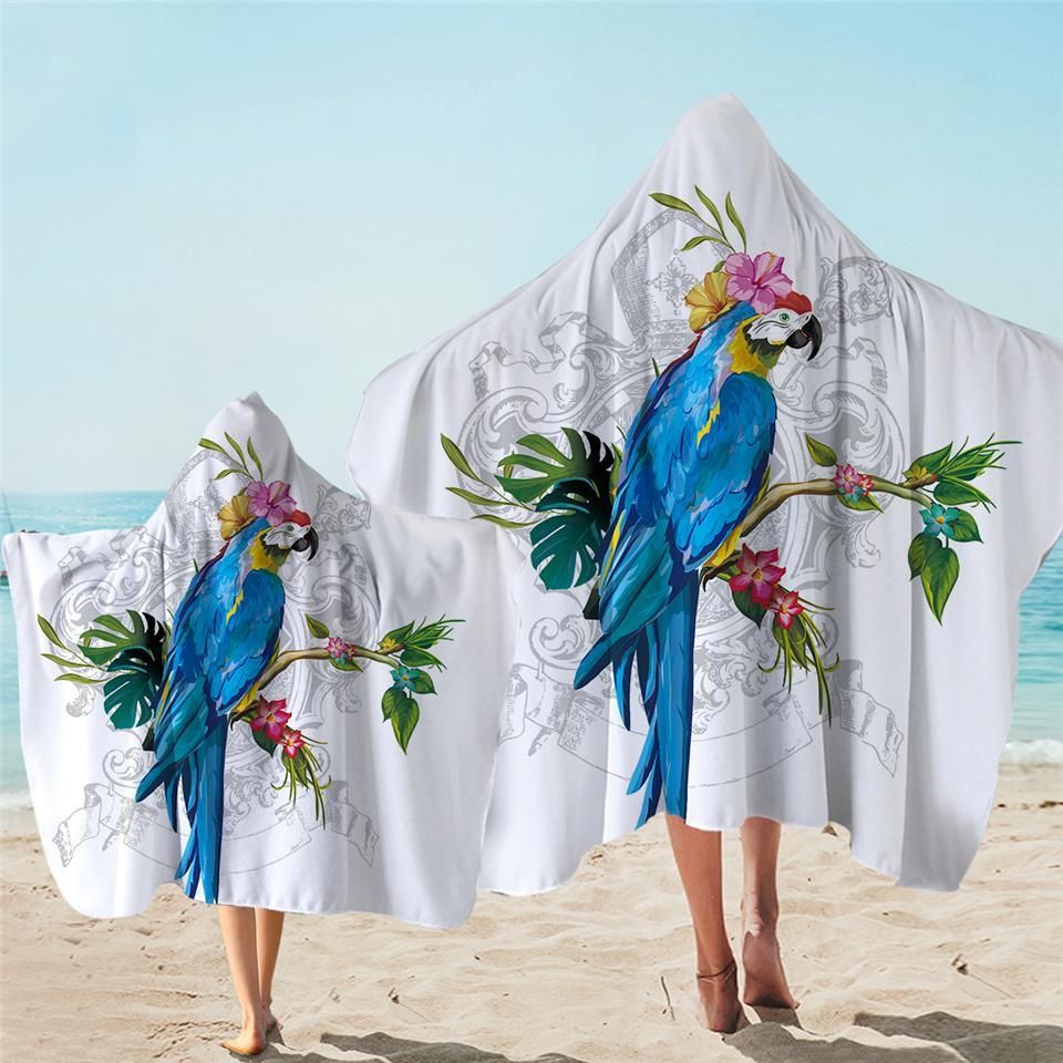 Tropical Parrot On White Printed Hooded Towel