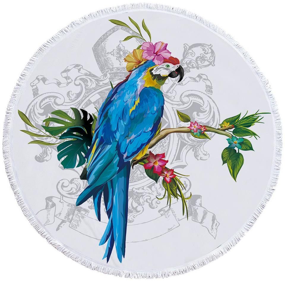 Tropical Parrot With Flowers Printed Round Beach Towel