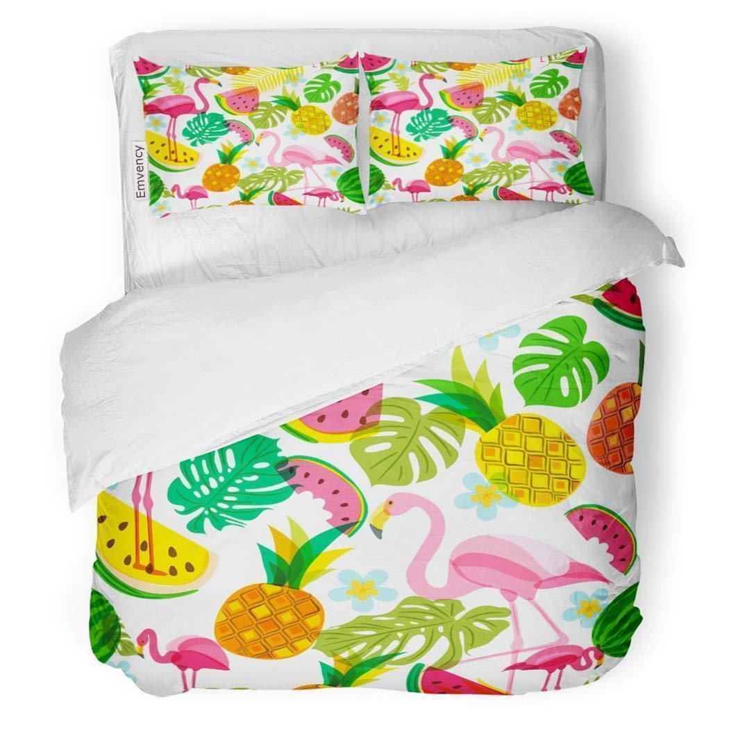 Tropical Pattern Pink Flamingo Palm Leaves Watermelon Bedding Set