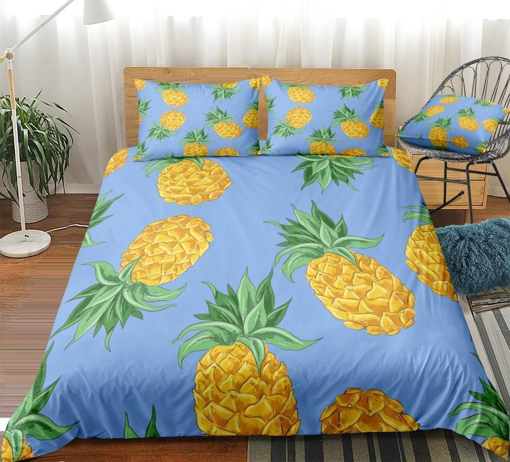 Tropical Pineapples Blue Background Bedding Set