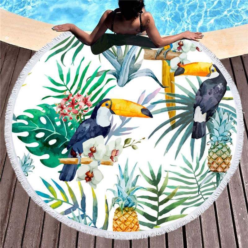 Tropical Plants And Toucans Printed Round Beach Towel