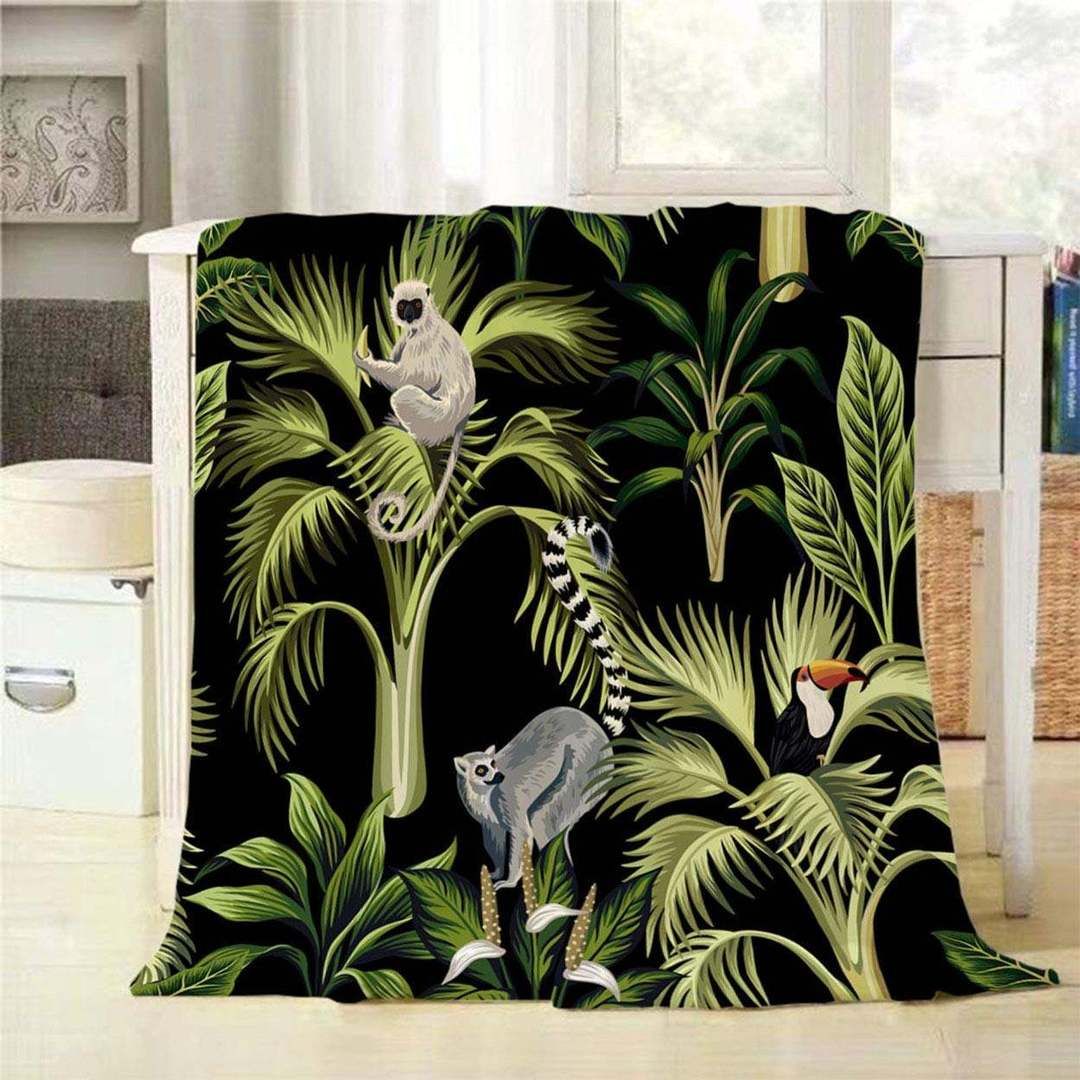 Tropical Plants Palm Trees Lemur Sloth Sherpa Fleece Blanket