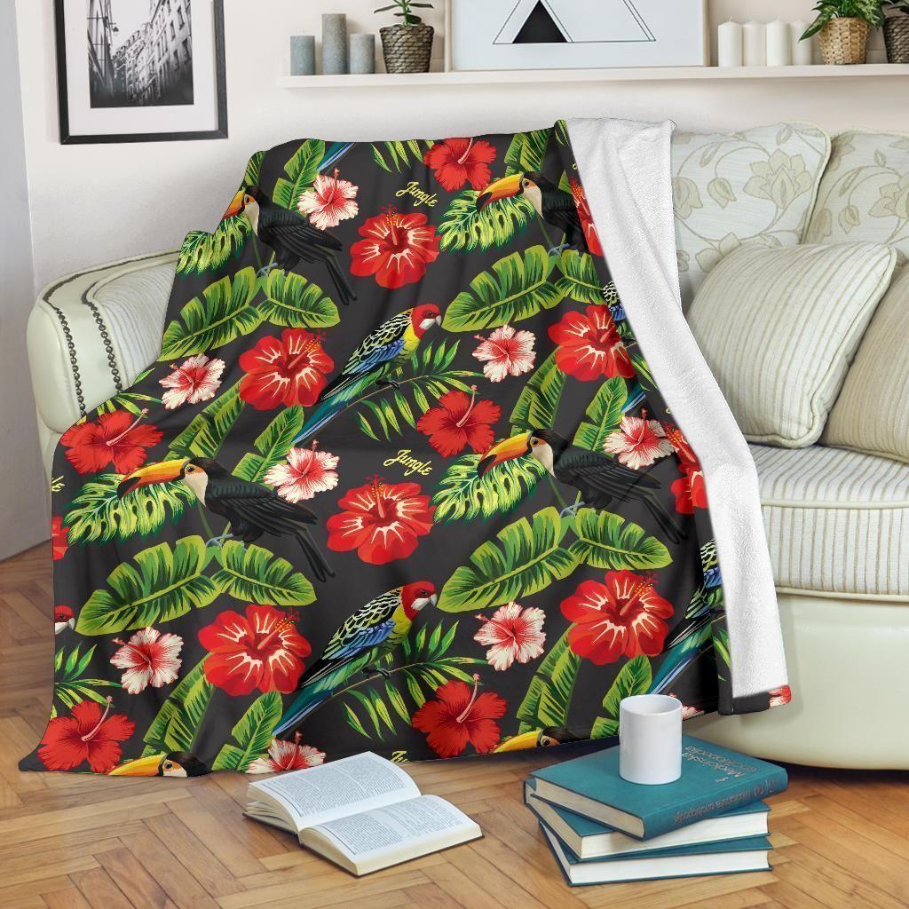 Tropical Red Flower And Leaves Pattern Print Design Fleece Blanket