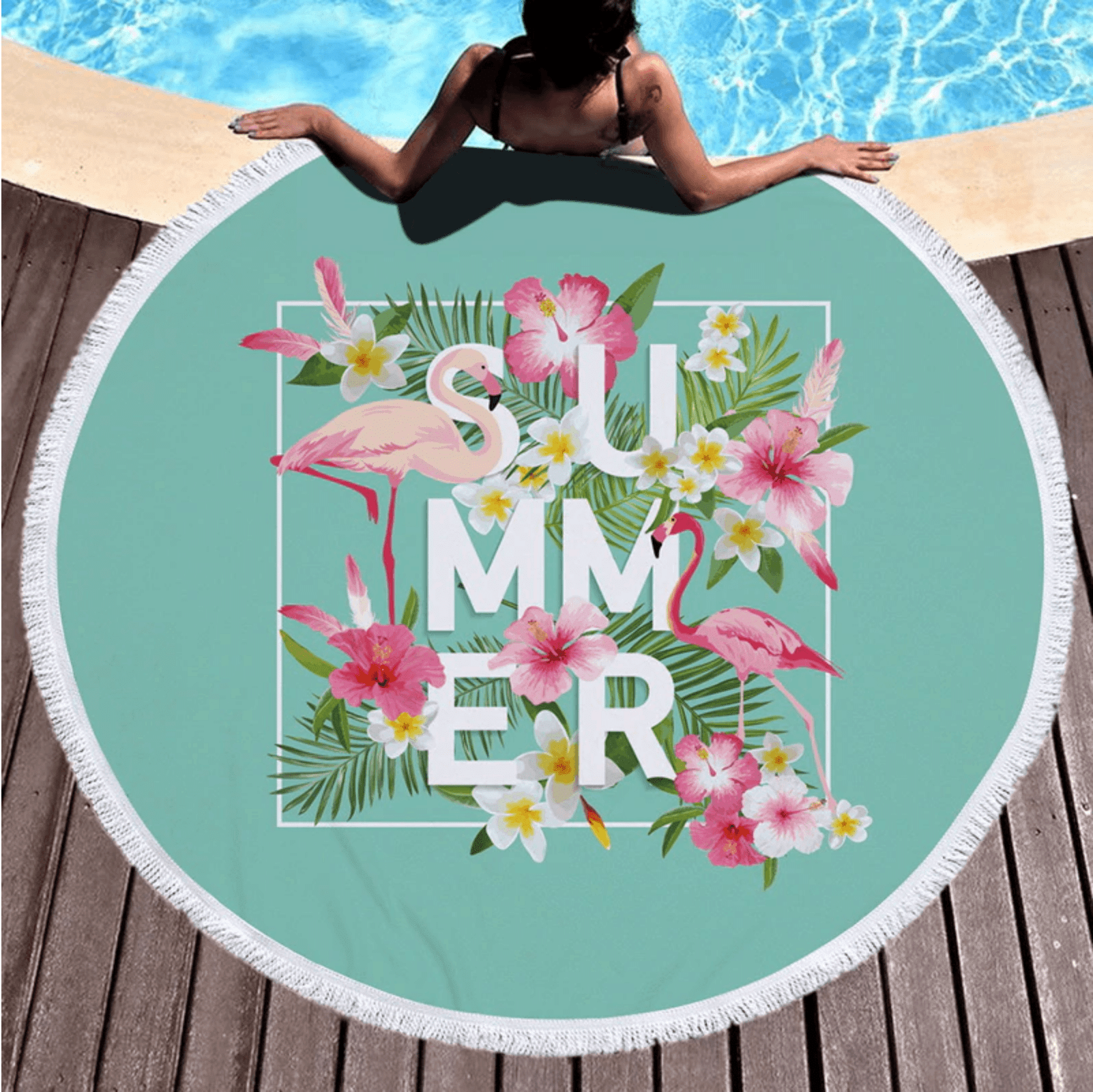 Tropical Summer Flamingo With Hibiscus Printed Round Beach Towel