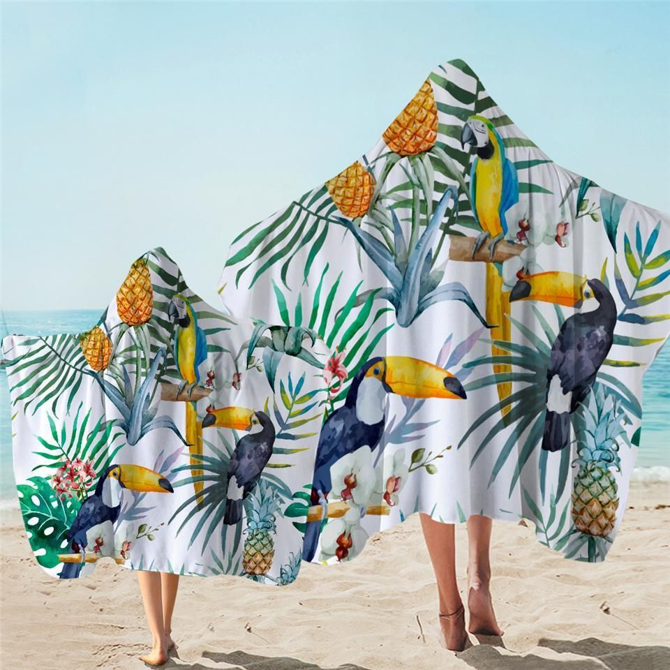 Tropical Tucan And Leaves Printed Hooded Towel