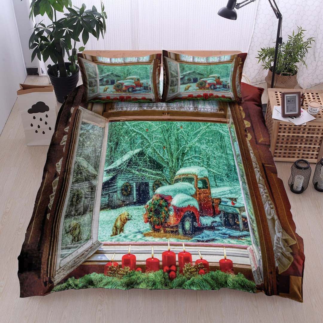 Truck Christmas Snow Golden Bedding Set