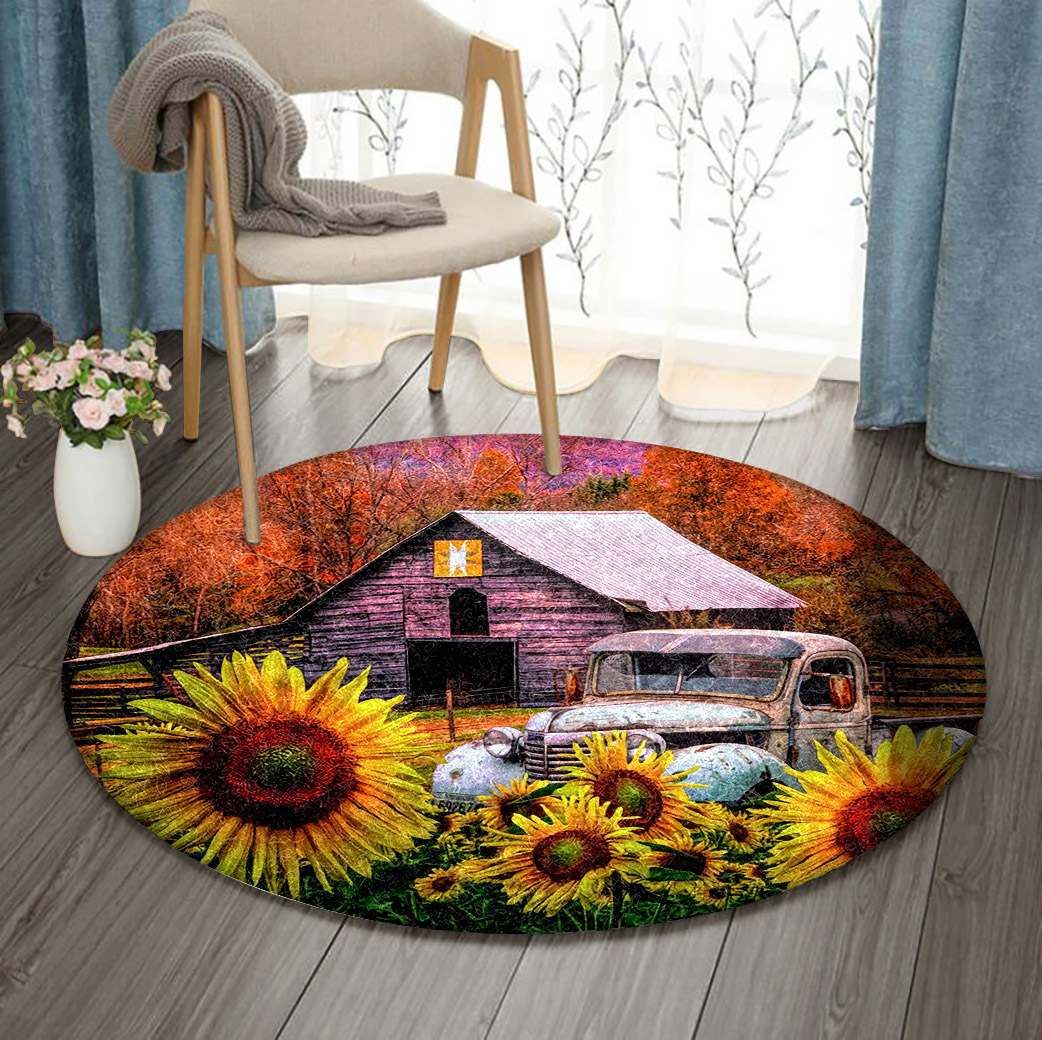 Truck Farm Garden Flower Sunflower Round Carpet