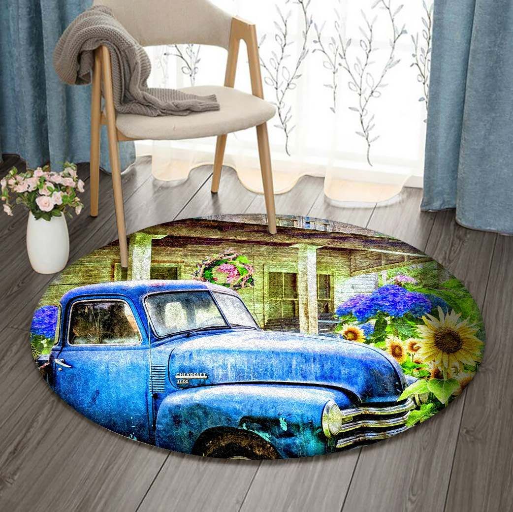 Truck Farm Garden Flower Sunflower Round Carpet